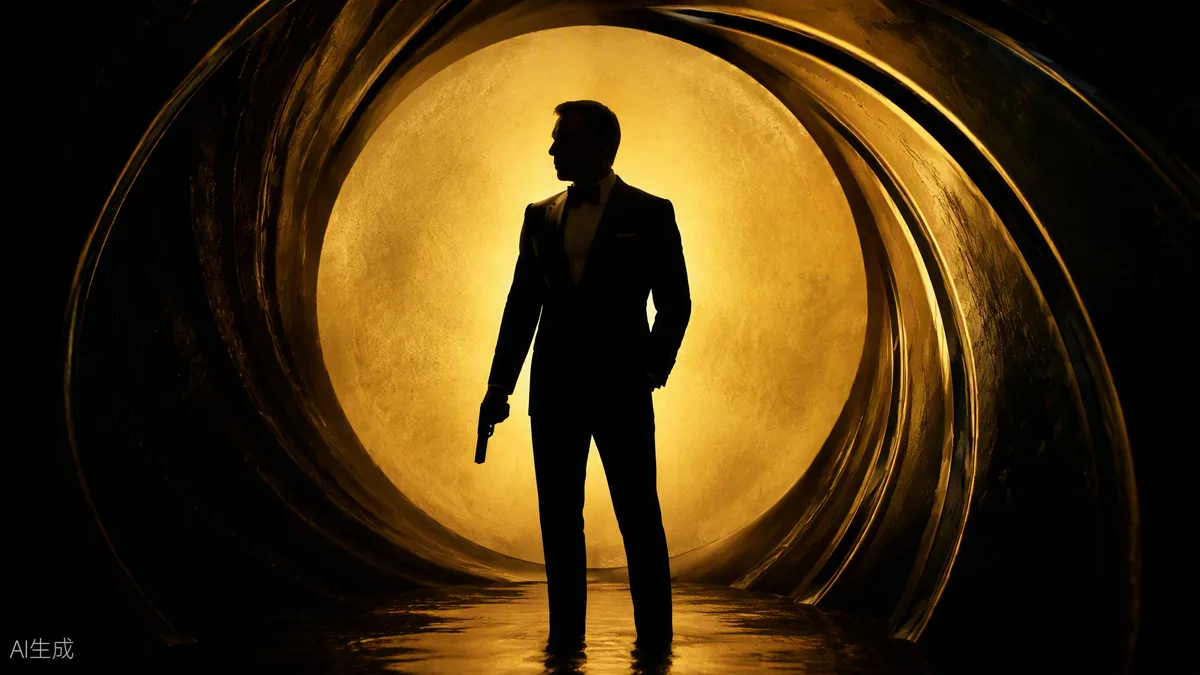 Silhouette d’un agent secret en costume devant un cercle lumineux doré façon canon de pistolet