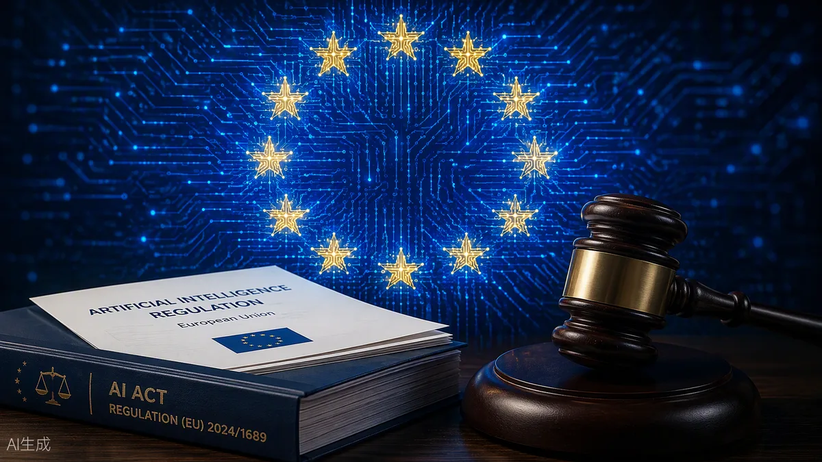 Drapeau européen composé de lignes de circuits électroniques avec un marteau de juge au premier plan