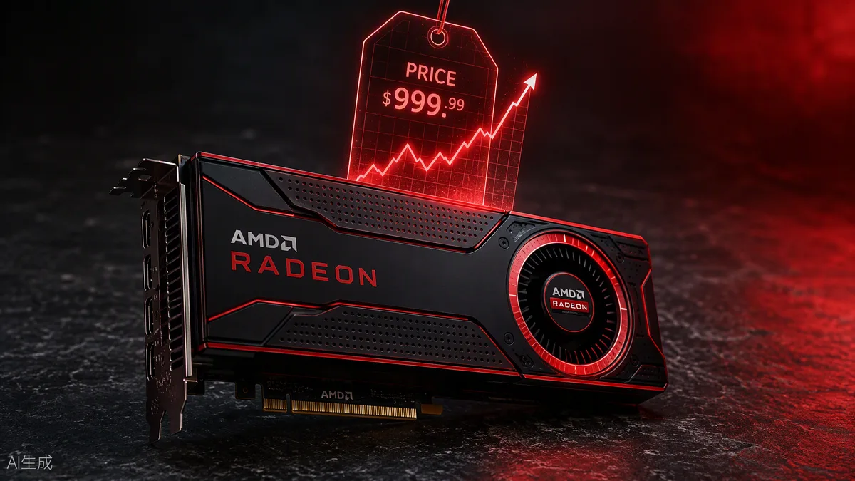 Carte graphique AMD Radeon rouge et noire surmontée d’une étiquette de prix en hausse