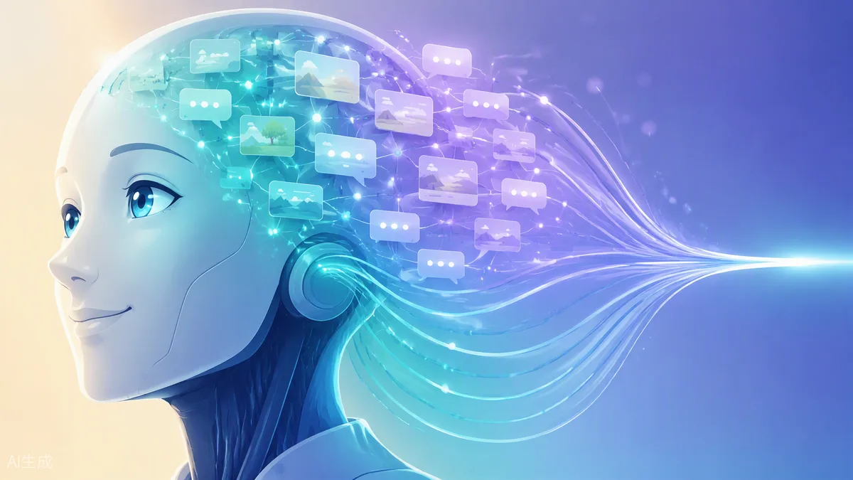 Assistant IA avec un cerveau lumineux fait de cartes mémoire et de bulles de conversation interconnectées