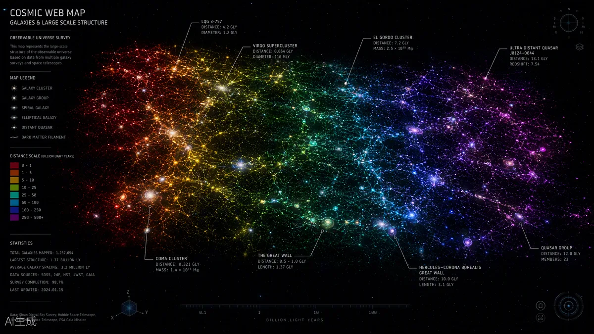 Carte du cosmos montrant des milliers de galaxies formant une toile cosmique aux couleurs codées