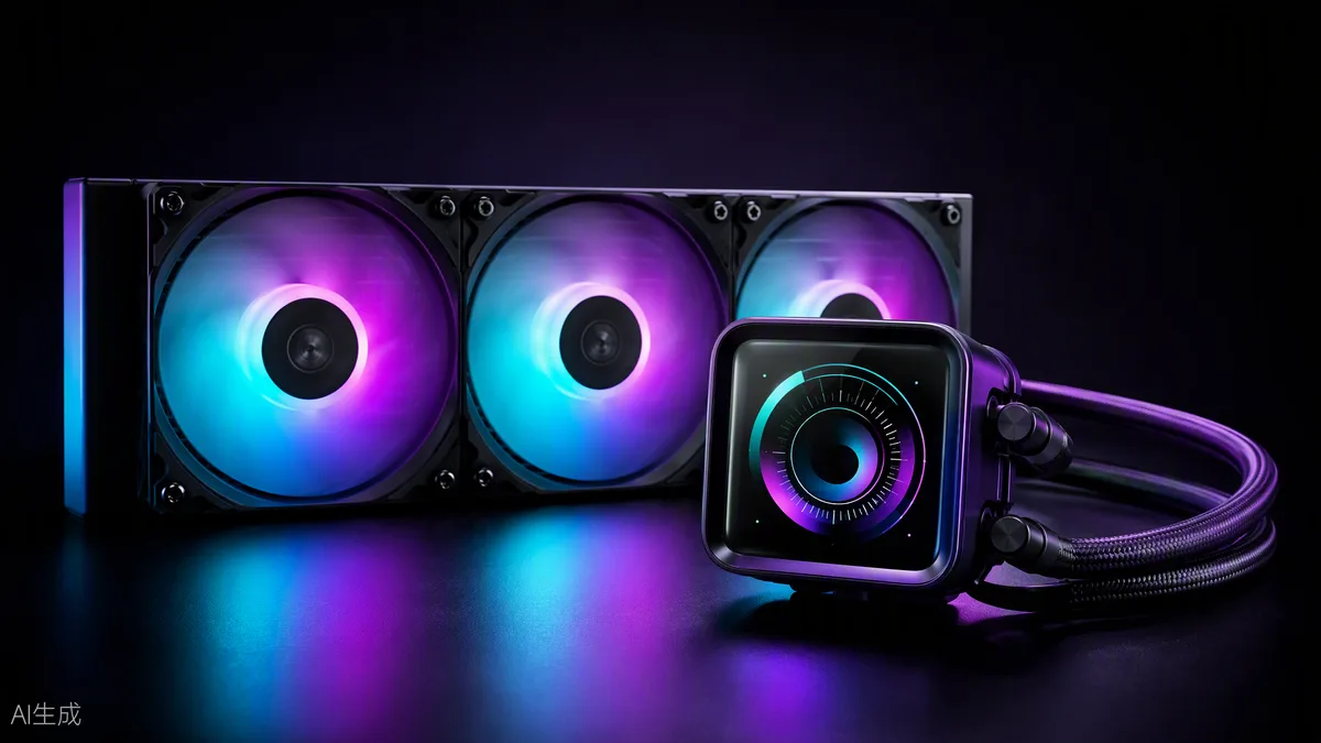 Kit de watercooling GAMDIAS CHIONE P5-360 PRO installé dans un boîtier PC, son écran IPS affichant la température du processeur