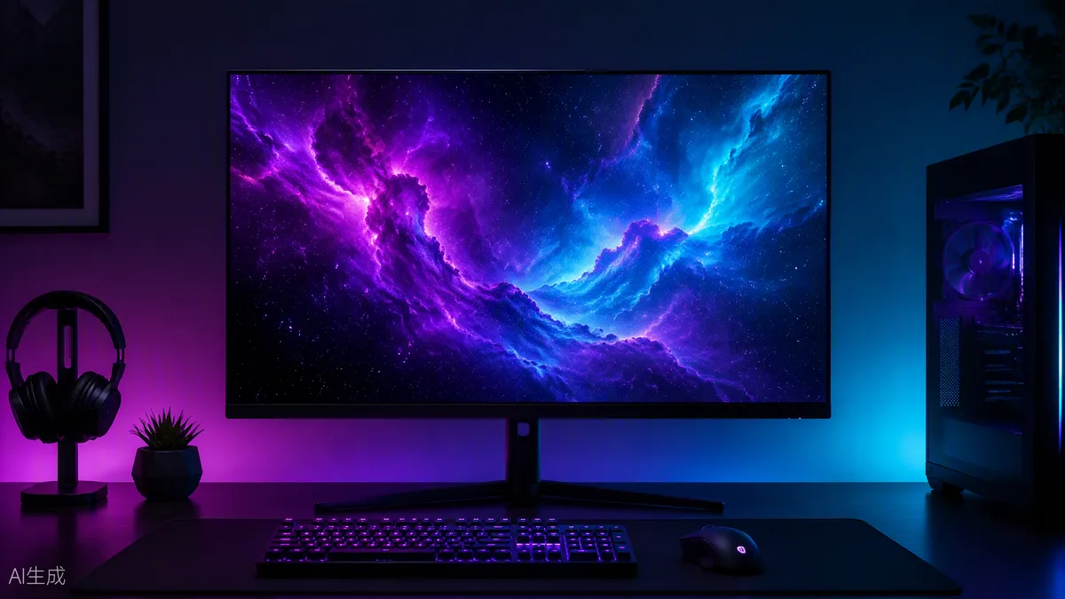 Écran gaming OLED 32 pouces affichant une nébuleuse violette et cyan dans une pièce sombre