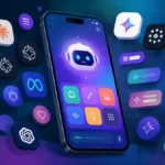 Smartphone affichant une application d’IA entourée d’une multitude d’icônes de marques différentes