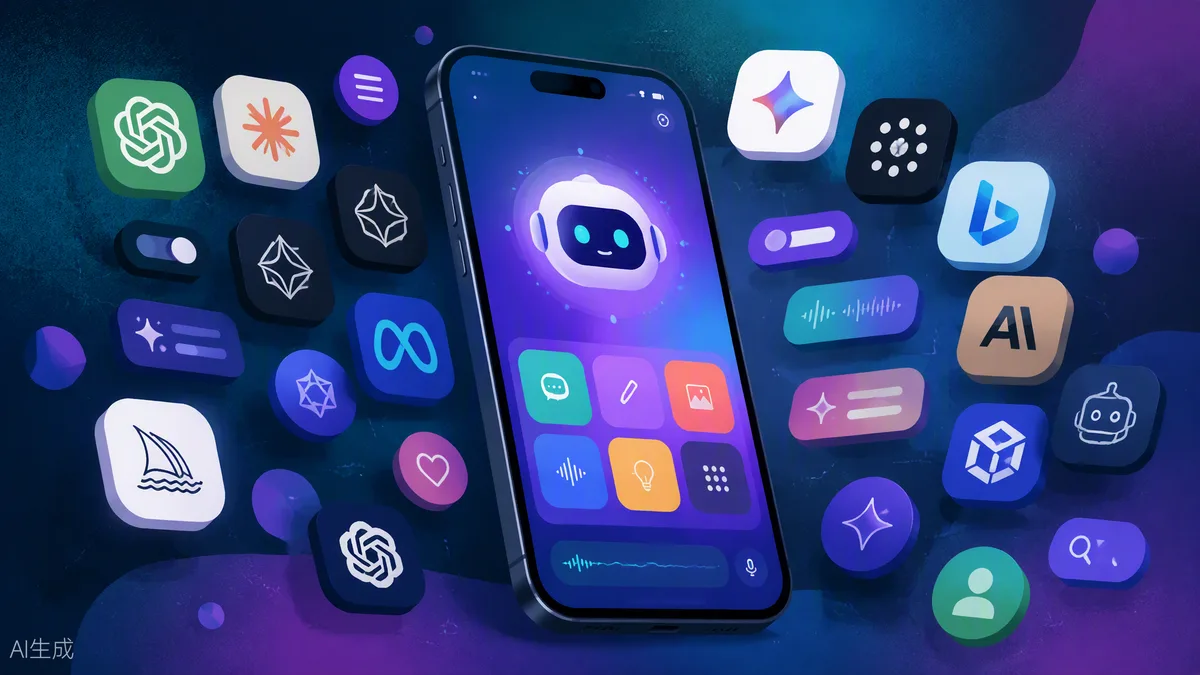 Smartphone affichant une application d’IA entourée d’une multitude d’icônes de marques différentes