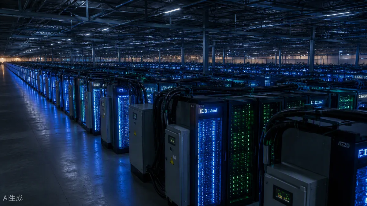 Immense centre de données la nuit avec des rangées infinies de serveurs aux lumières bleues
