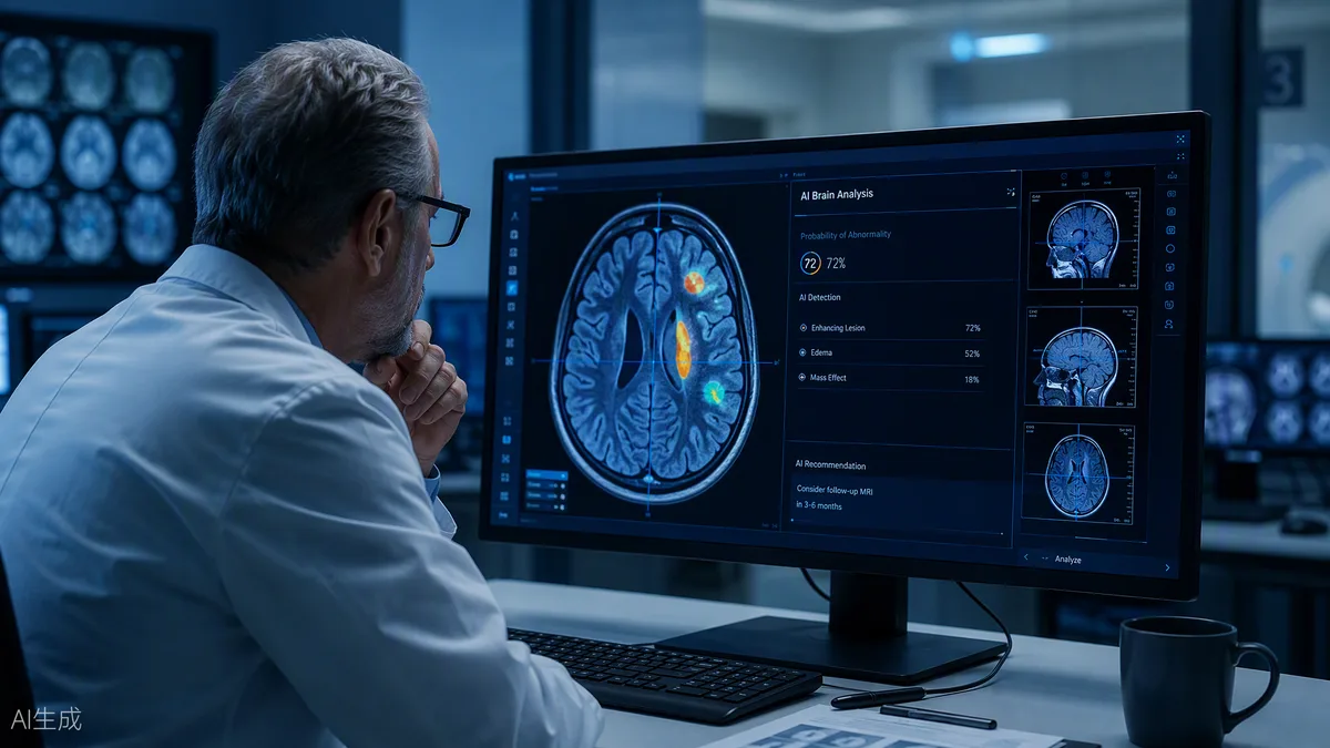 Radiologue observant une IRM cérébrale sur un grand écran avec une surbrillance d’analyse par intelligence artificielle