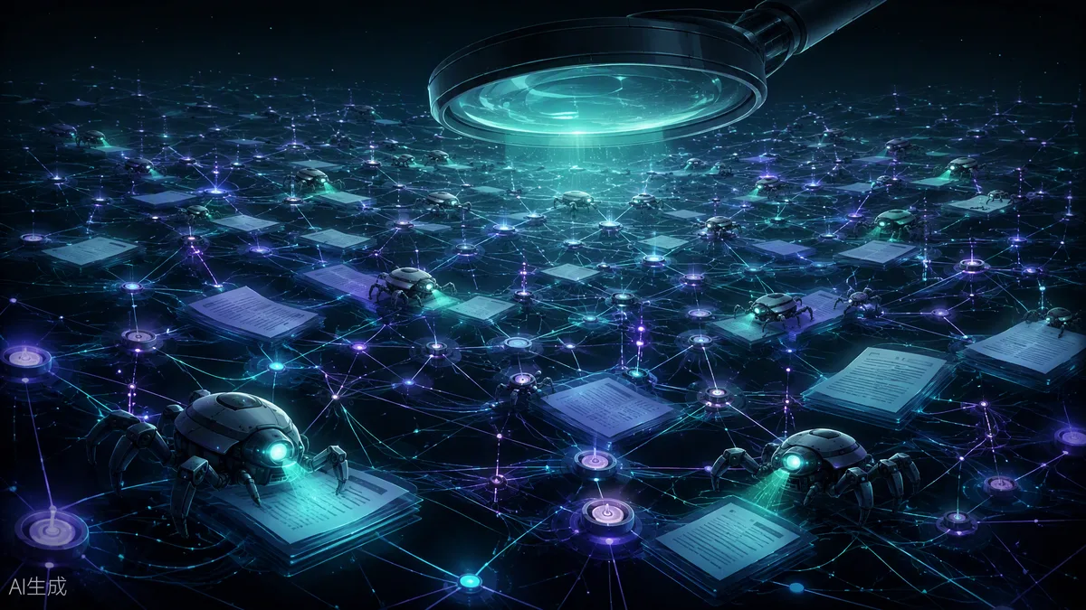 Réseau de documents interconnectés survolé par une loupe géante lumineuse et des robots explorateurs