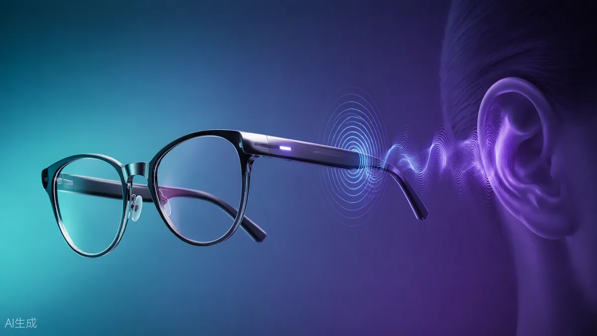 Lunettes élégantes émettant des ondes sonores lumineuses vers une oreille