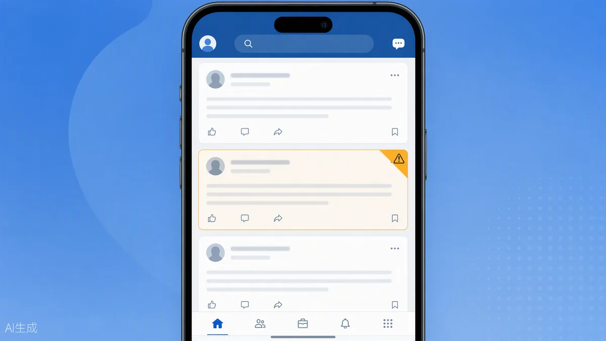 Écran de smartphone affichant un fil de publications LinkedIn avec un bouton de signalement de contenu généré par IA