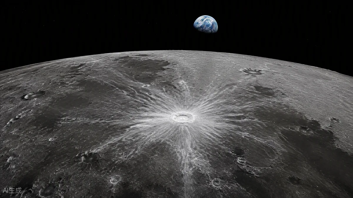 Surface lunaire vue depuis l’orbite avec un cratère d’impact frais et ses éjectas clairs