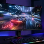 Écran gaming MSI MPG 272QRF X36 affichant un jeu de course rapide dans une pièce tamisée