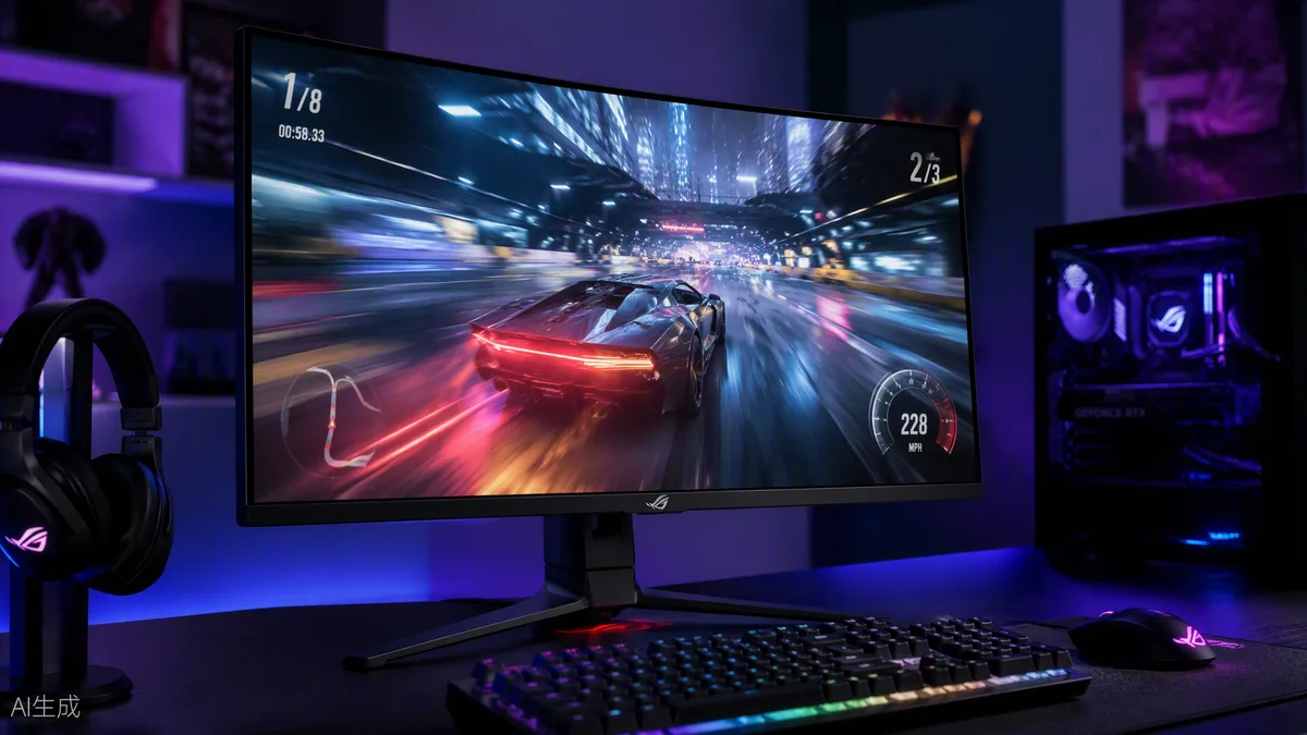Écran gaming MSI MPG 272QRF X36 affichant un jeu de course rapide dans une pièce tamisée