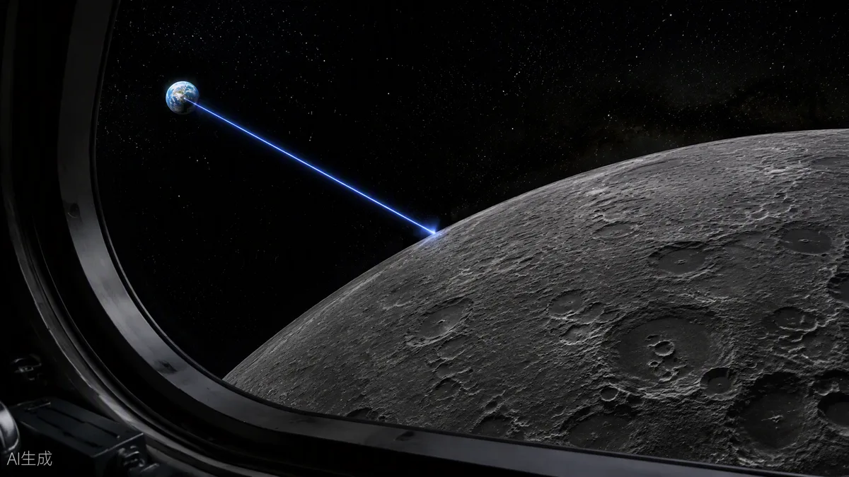 Vue d’artiste de la capsule Orion en orbite lunaire émettant un faisceau laser vers la Terre