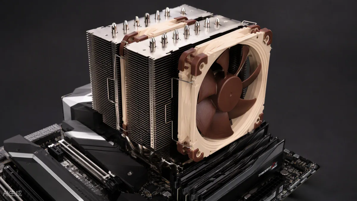 Ventirad double tour Noctua avec ses deux ventilateurs beige et marron monté sur une carte mère