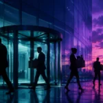 Silhouettes de cadres quittant un immeuble de bureaux au crépuscule, cartons à la main