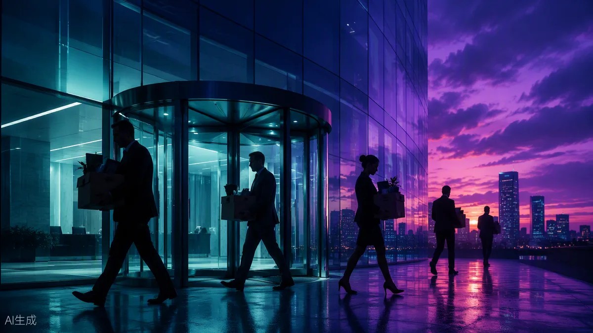 Silhouettes de cadres quittant un immeuble de bureaux au crépuscule, cartons à la main