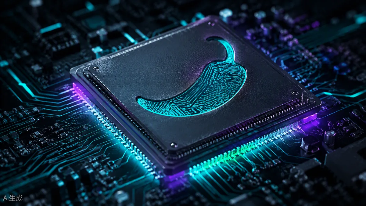 Puce électronique futuriste gravée d’une silhouette de piment, circuits lumineux turquoise