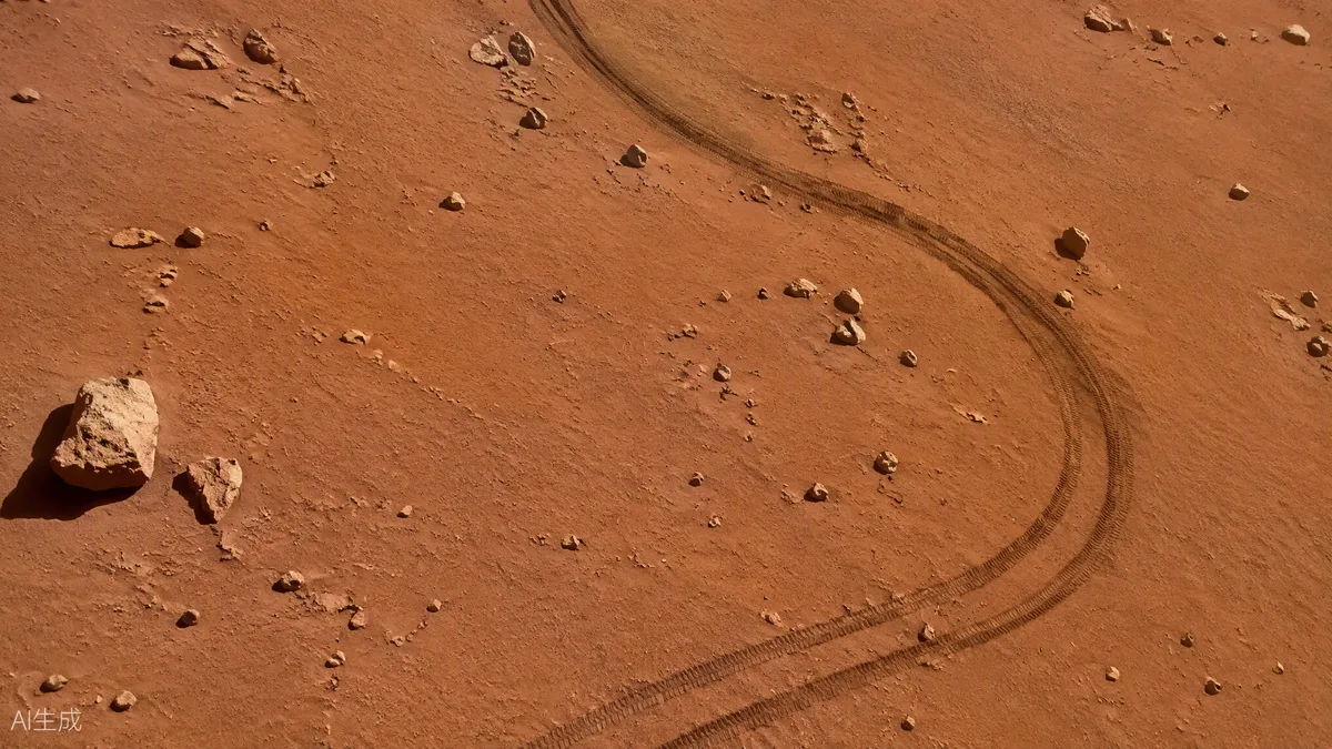 Traces de roues d’un rover martien serpentant dans le sable rouge, vues du ciel