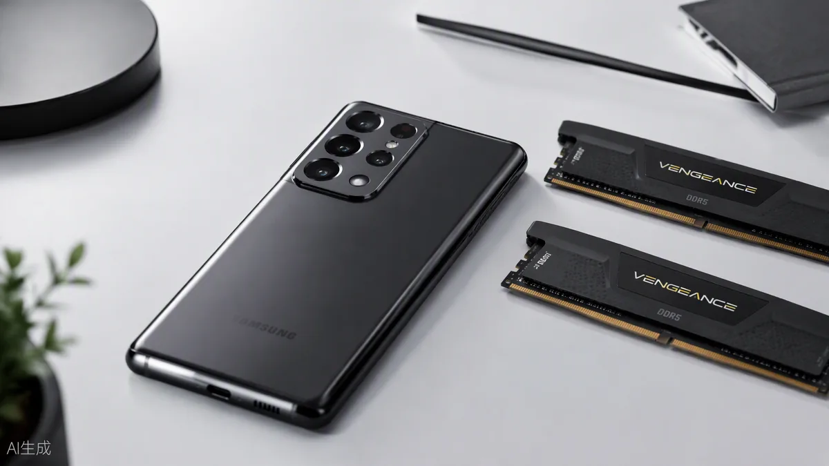 Smartphone Google Pixel 11 posé sur un bureau minimaliste à côté de barrettes de mémoire vive