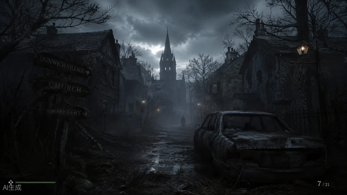 Rue de village gothique dans le brouillard avec une église au loin, ambiance survival horror