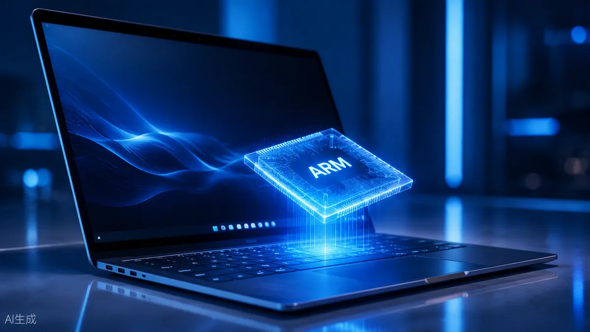 Ordinateur portable fin avec un hologramme de puce ARM lumineuse au-dessus du clavier