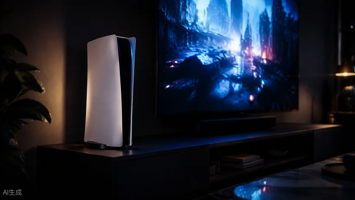 Console PlayStation 5 blanche posée à côté de sa manette DualSense, éclairée par une lumière bleue