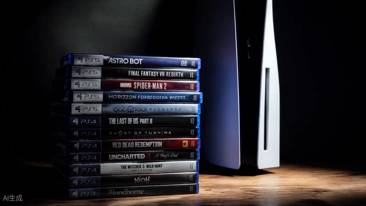 Pile de galettes de jeux vidéo posée à côté d’une console PlayStation 5 sous un éclairage dramatique