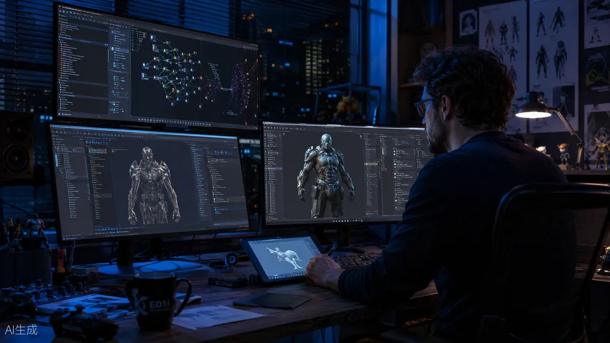 Poste de développeur de jeux vidéo la nuit avec plusieurs écrans affichant des personnages 3D et des visualisations de réseaux de neurones
