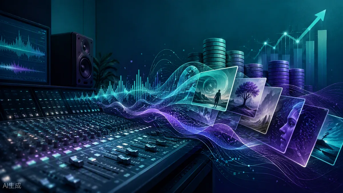Console de mixage audio se transformant en images générées par IA avec une courbe de croissance