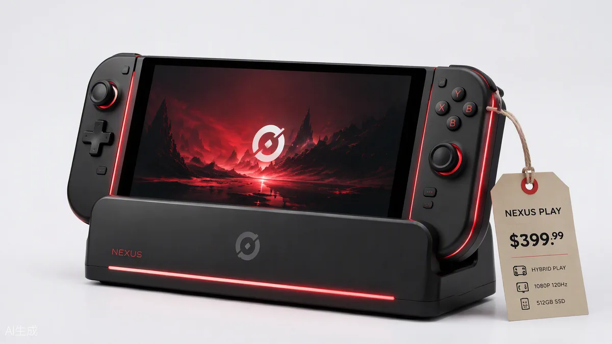 Console Nintendo Switch 2 avec son étiquette de prix, éclairée par une lumière rouge