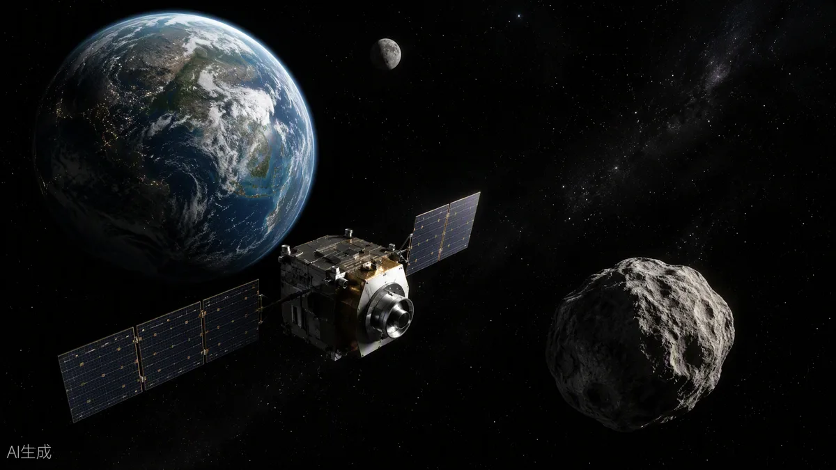 Sonde spatiale à panneaux solaires approchant d’un petit astéroïde, avec la Terre et la Lune en arrière-plan