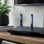 Routeur Wi-Fi moderne aux antennes lumineuses posé sur une étagère de salon