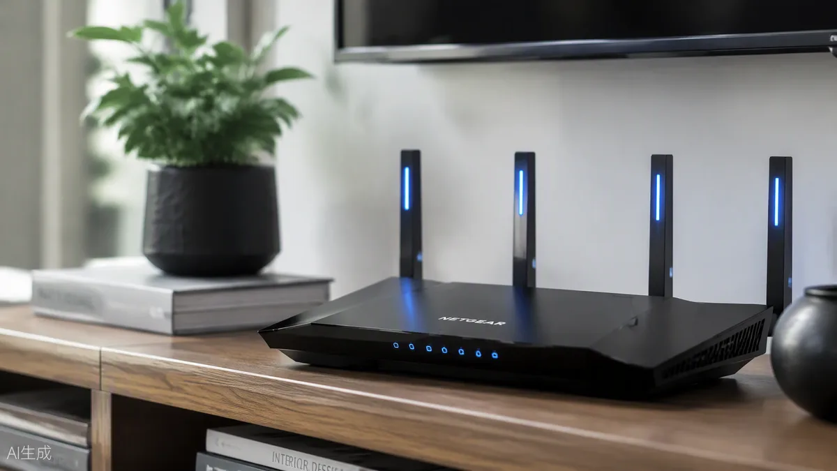 Routeur Wi-Fi moderne aux antennes lumineuses posé sur une étagère de salon