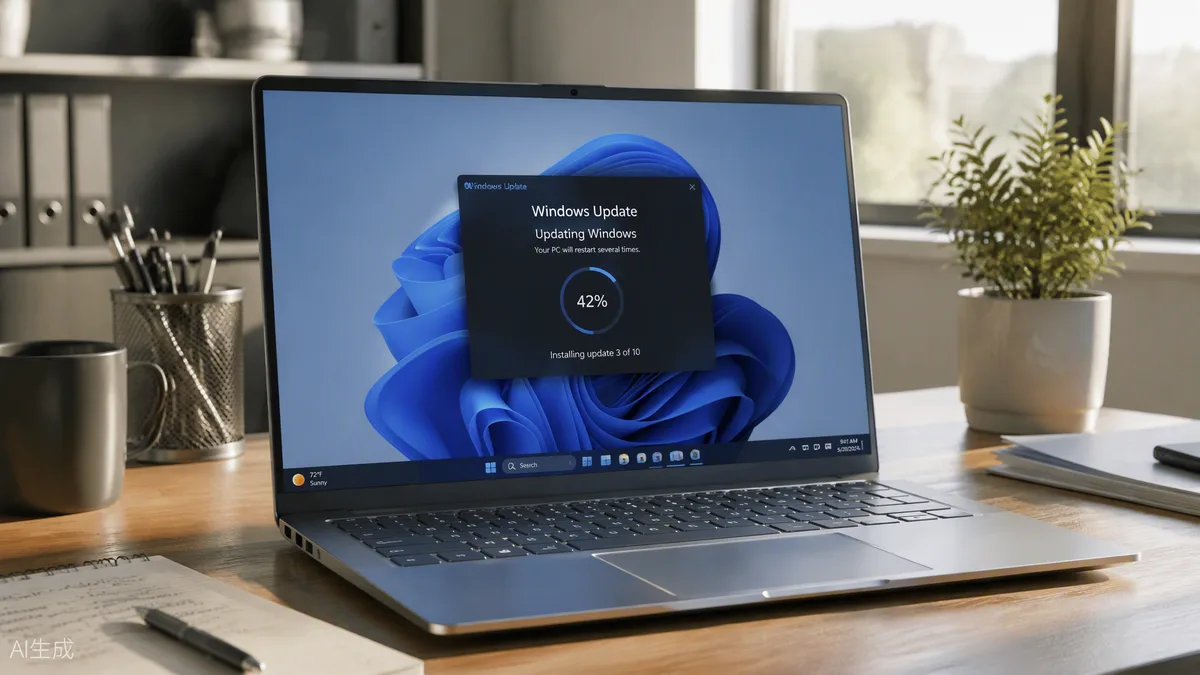 Ordinateur portable affichant l’écran de mise à jour de Windows 11 sur un bureau