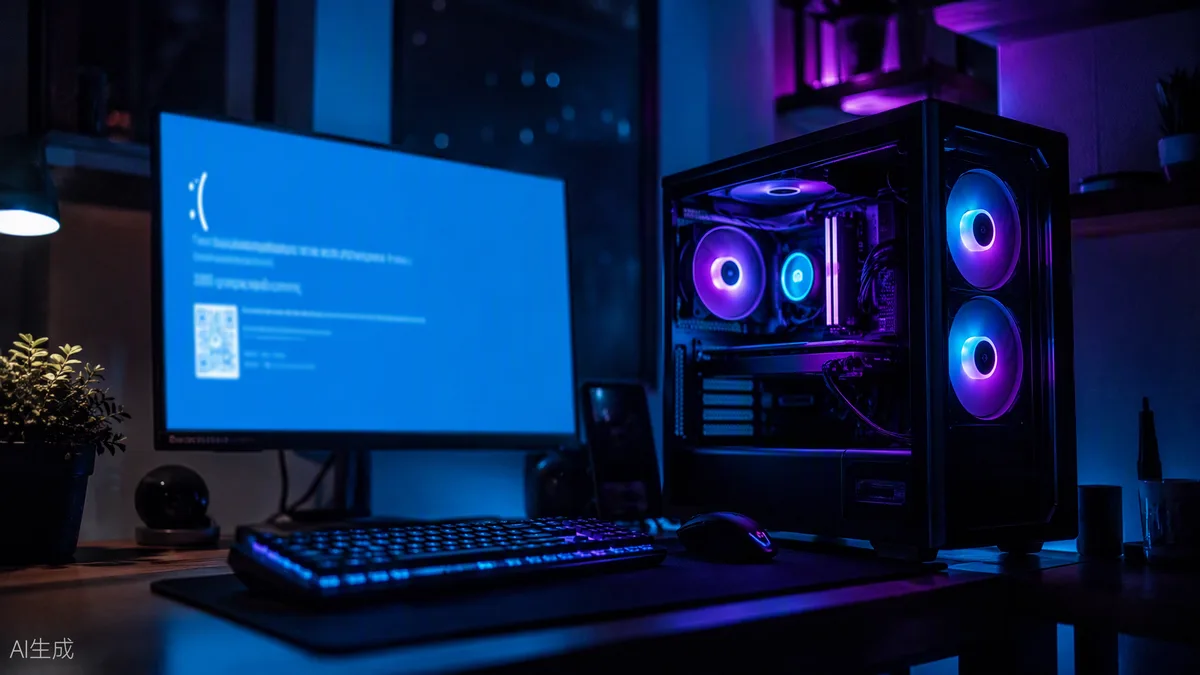 PC de jeu avec éclairage RGB dont l’écran affiche un écran bleu d’erreur Windows